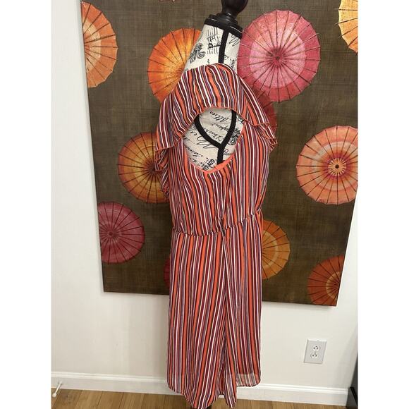 Bisou Bisou Orange Dress w/Multi Colored Stripes One Shoulder Ruffle Chic Sz 16 - Picture 2 of 4